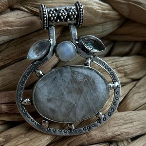 Rainbow Moonstone Gemstone Silver Pendant 925 stamped with carved glass accents